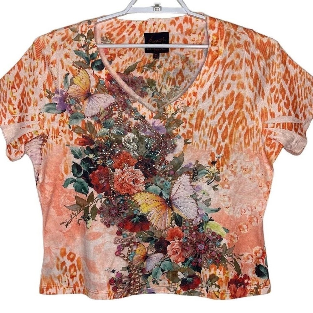 Vintage French Blue Graphic Top Women 1X Orange Butterfly Floral Rhinestone